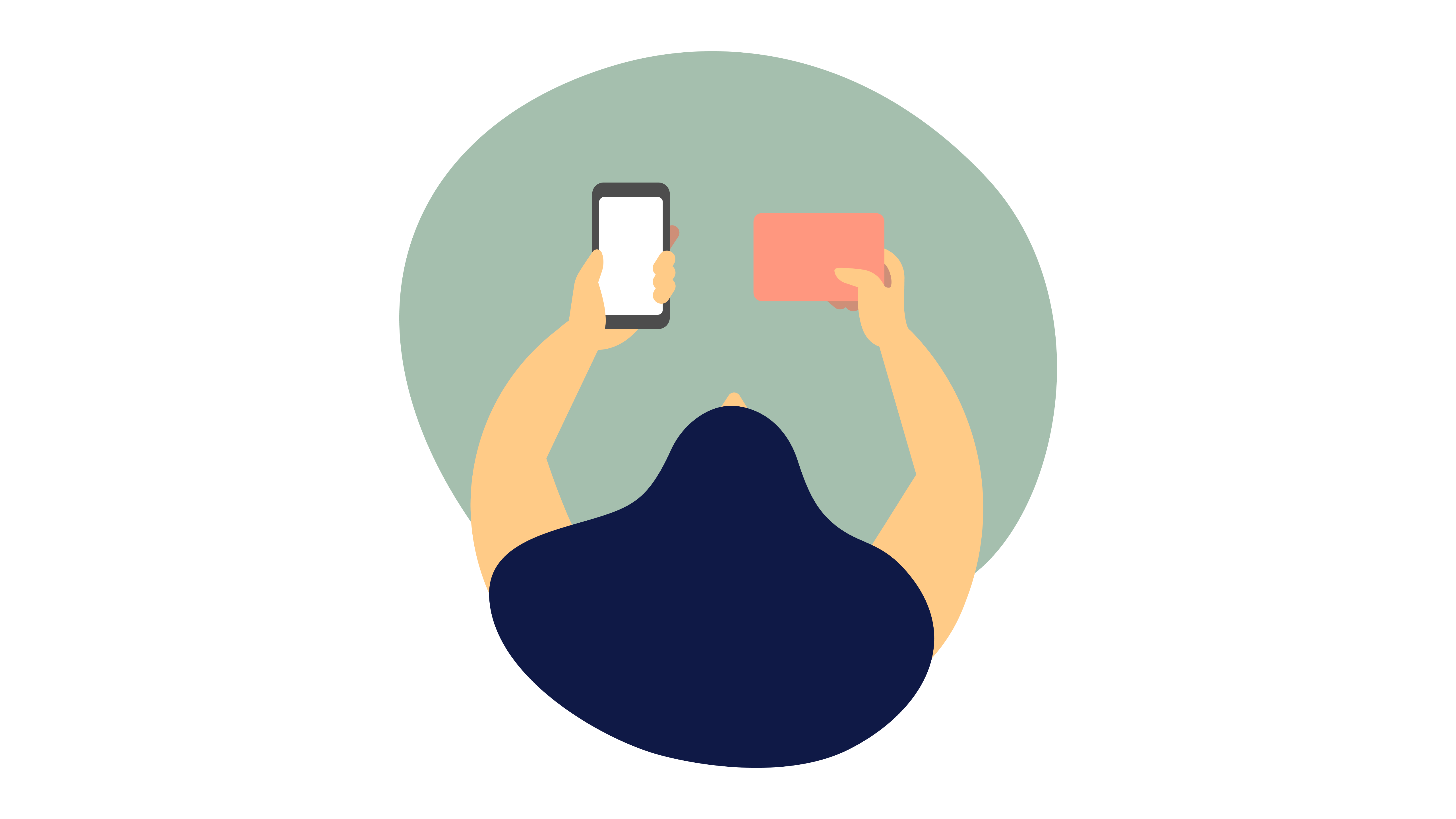 スマートフォンとカードを差し出す人